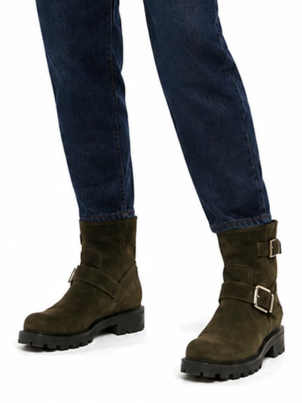 Jimmy Choo Youth Biker Boot Dark Olive Green Suede Lug Sole Buckle Ankle Moto